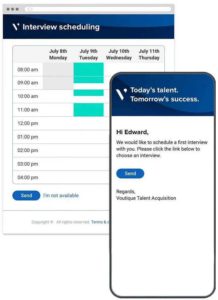 A scheduling portal showing a calendar and available interview time slots, and an email inviting a candidate to schedule an interview.