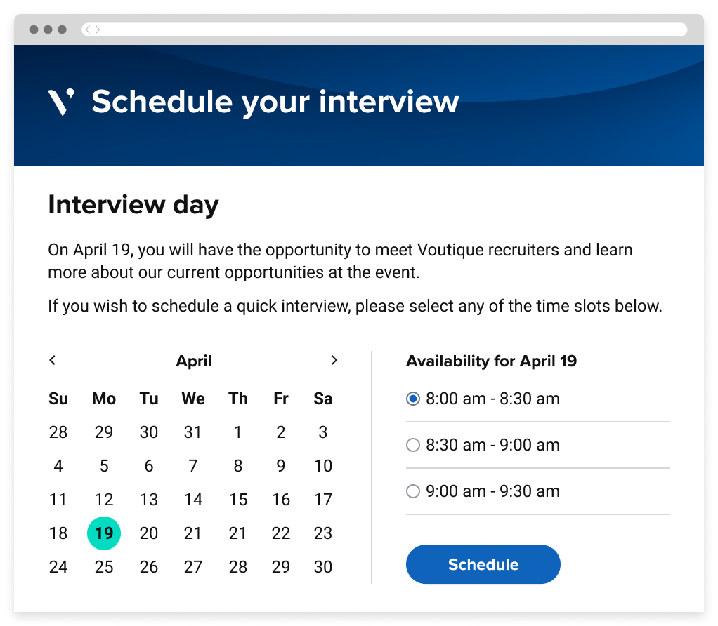 An interview scheduling portal, displaying a calendar and available time slots for a candidate to schedule an interview.