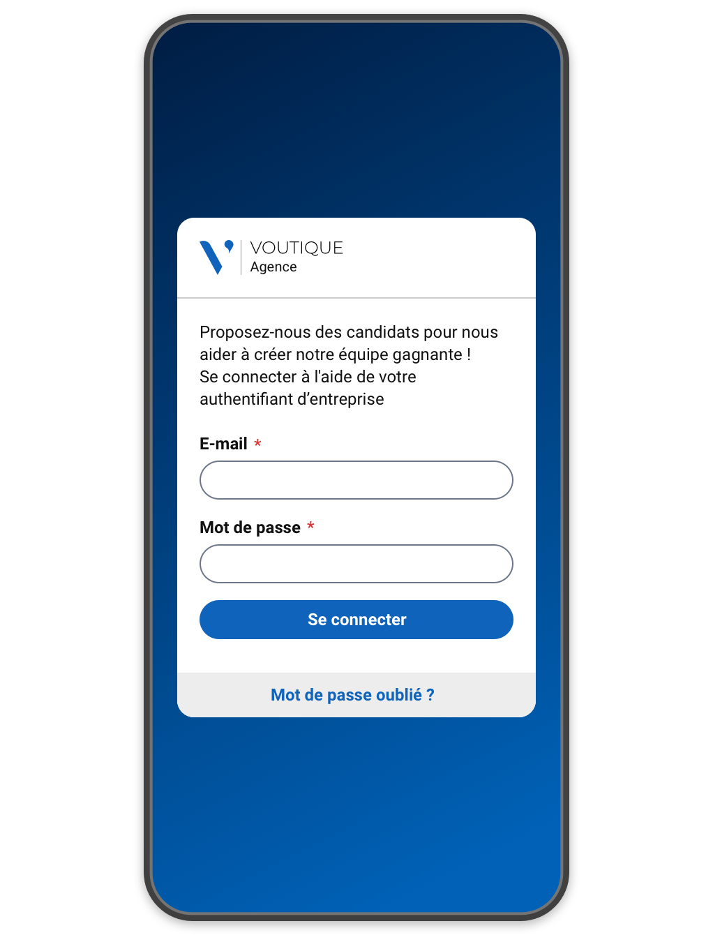 Page de connexion à un portail mobile permettant aux agences de proposer des candidats.