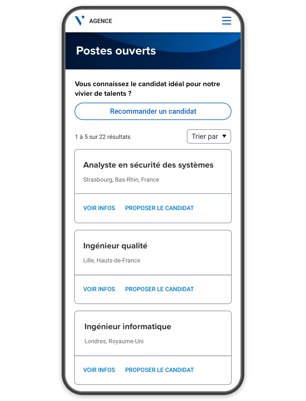 Version mobile d’un portail de gestion d'agence avec offres et options pour voir toutes les infos et proposer des candidats.