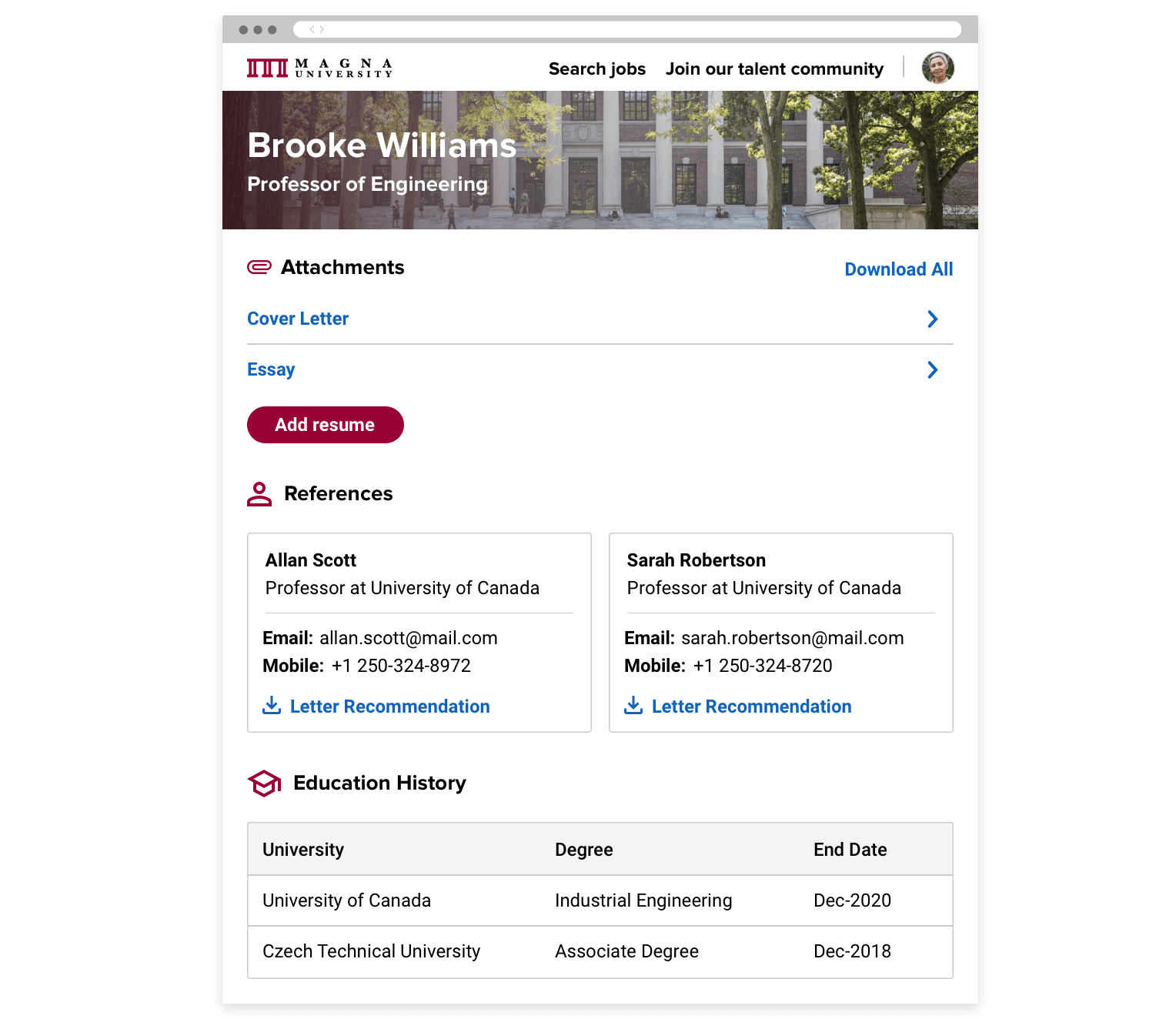 An applicant's profile showing her attached files and education, and a feedback form with the option to request an interview.