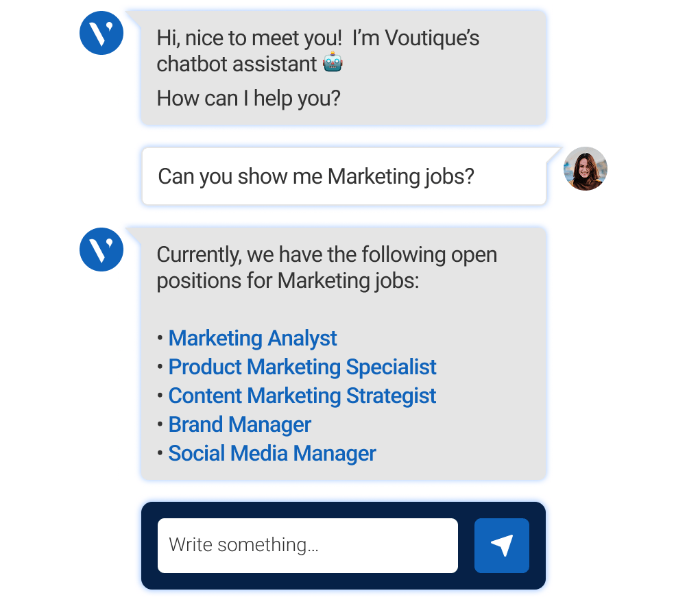 Chat interface showcasing Avature’s new chatbot design, with a clean layout and conversational prompt.