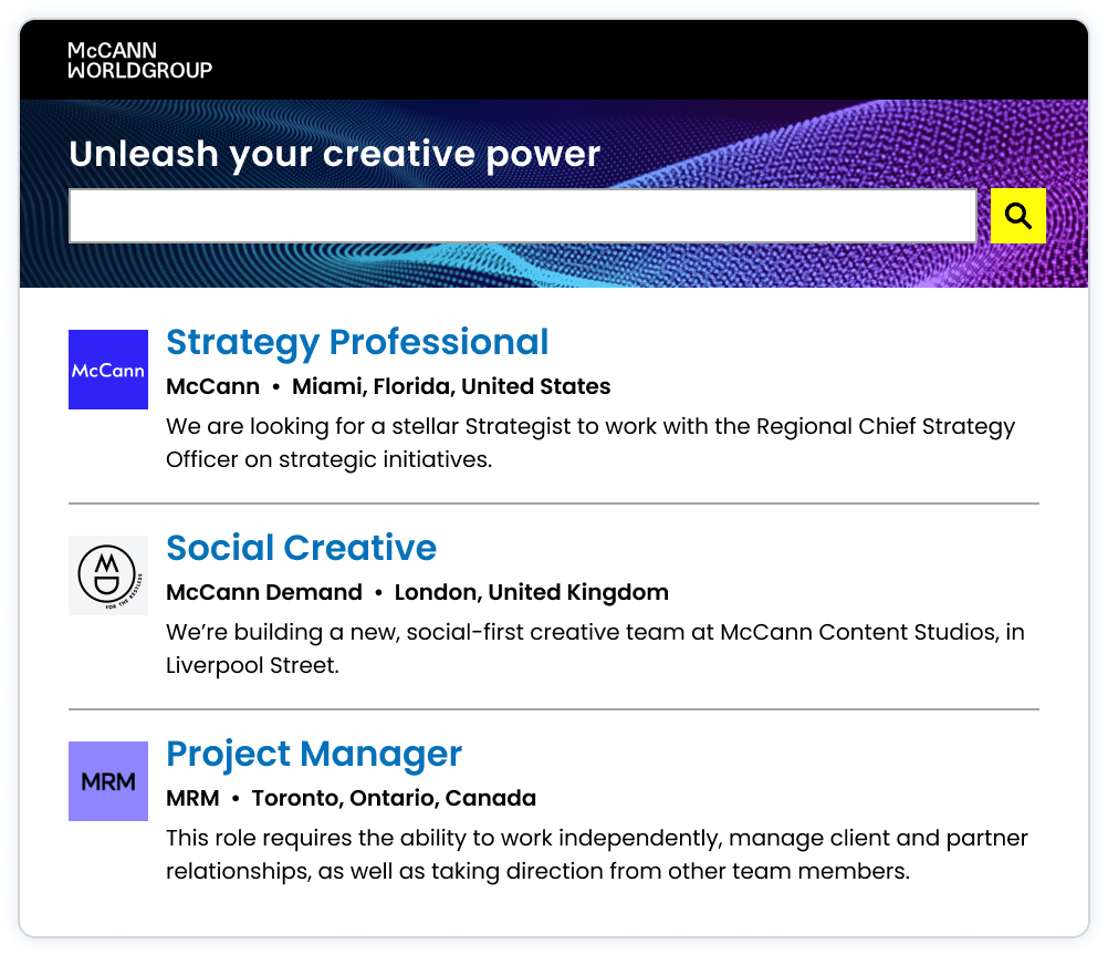 Screenshot of Mccann world group career site showcasing different job listing for multiple brands of the group.