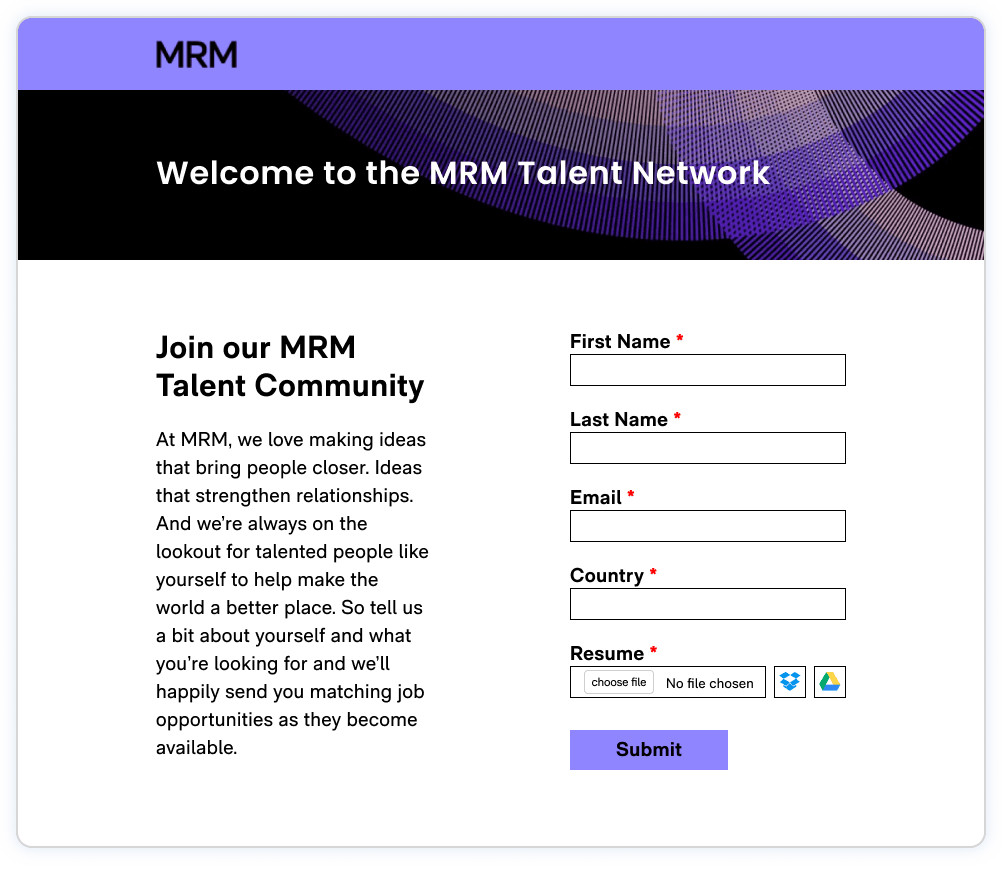 Screenshot of MRM, a brand from Mccann world group career site showcasing a branded contact form page.
