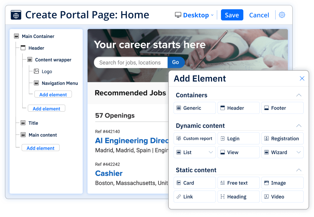 Screenshot of Avature’s Portal Apps Builder interface, highlighting customizable career site components, AI-assisted code generation, dynamic content integration, and role-based access controls for secure collaboration.