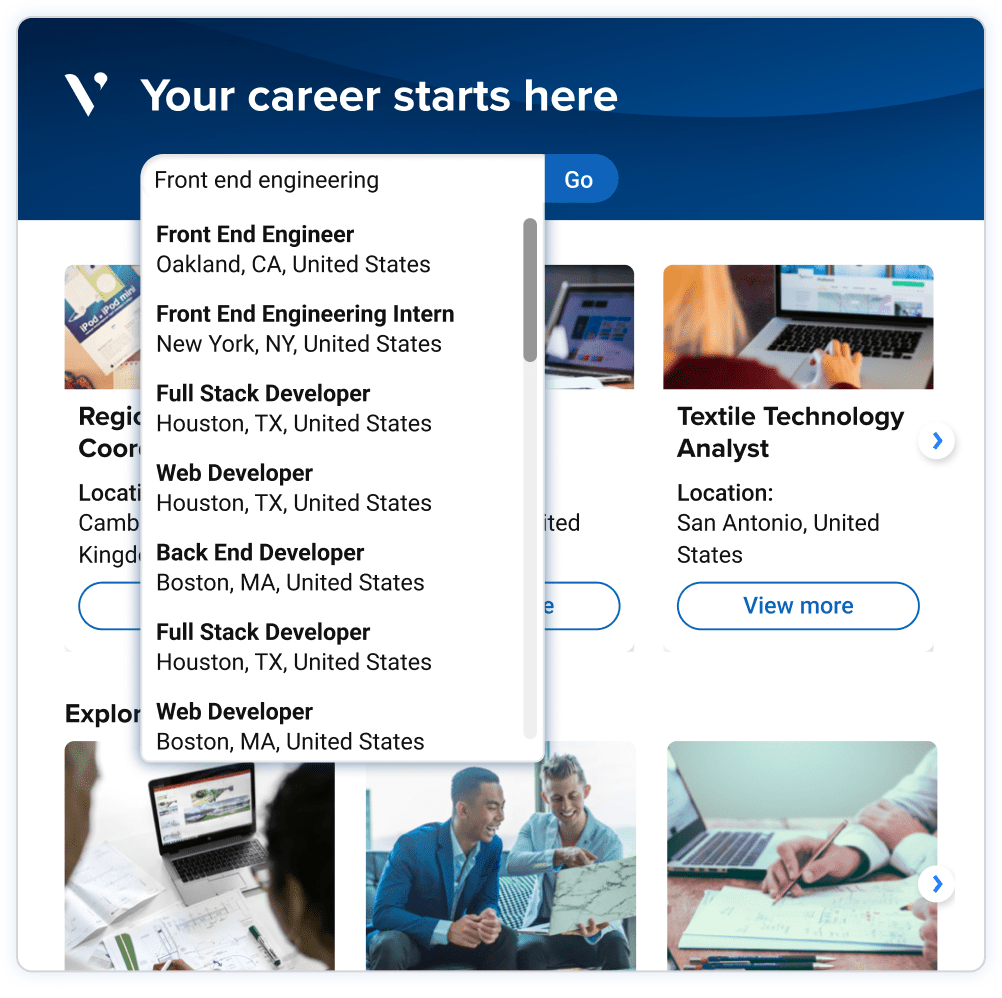 A career site demonstrating how Avature's AI-powered semantic search capabilities offer suggestions as the user types keywords.
