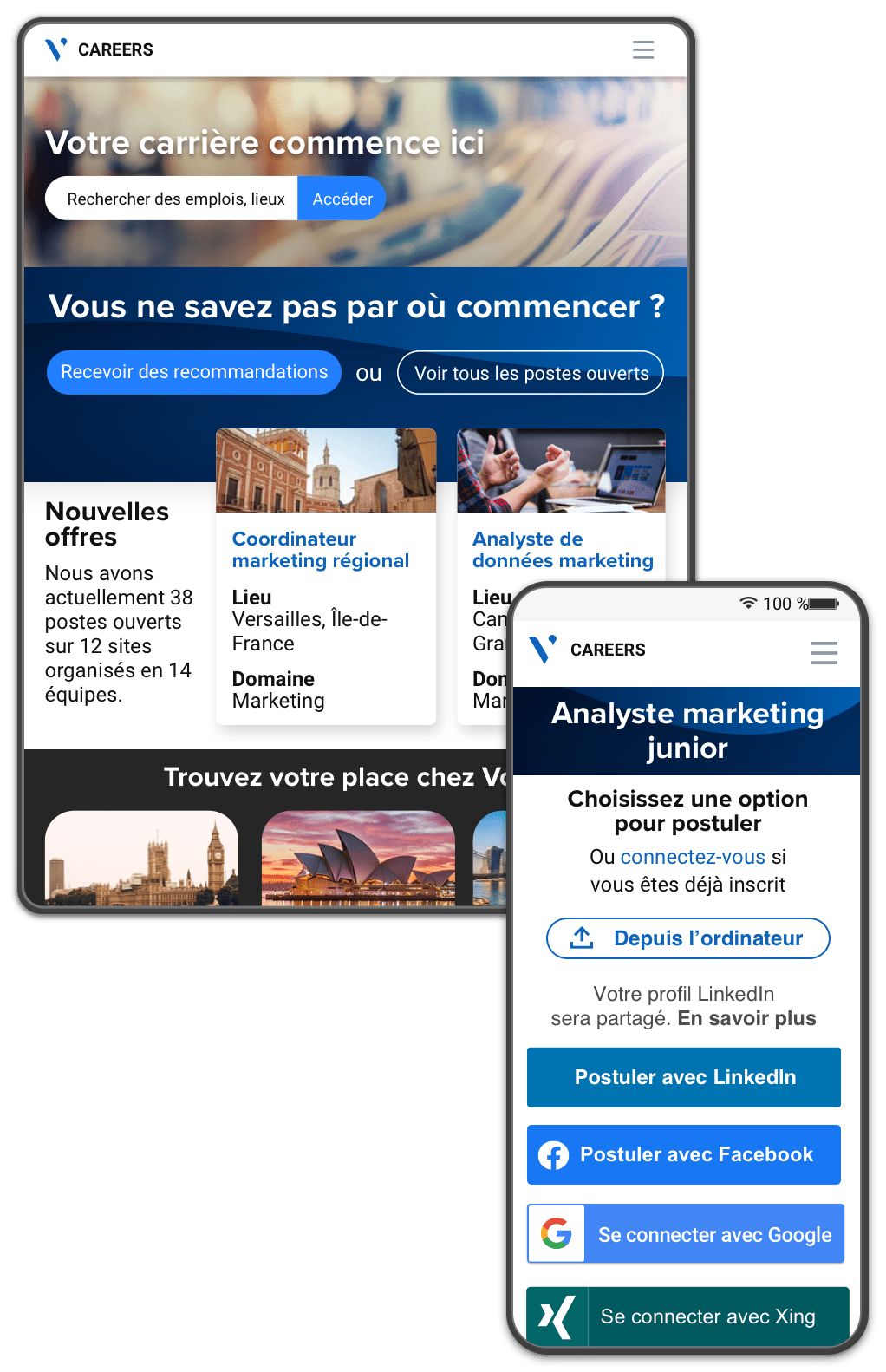 Portail de carrière affichant barre de recherche et nouveaux emplois, et microsite contenant plusieurs façons de postuler.