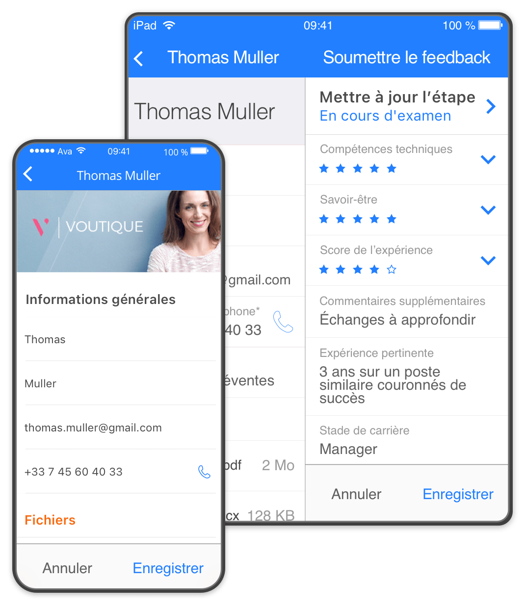 Microsite mobile présentant les informations générales d’un candidat, et application mobile avec feedback du recruteur sur un candidat.