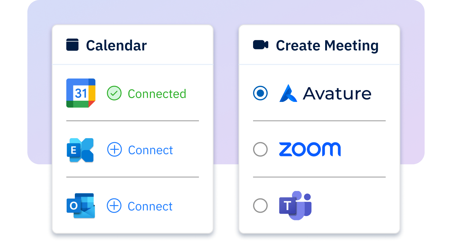 Two images showing Calendar integrations available and Video conference platform integrations