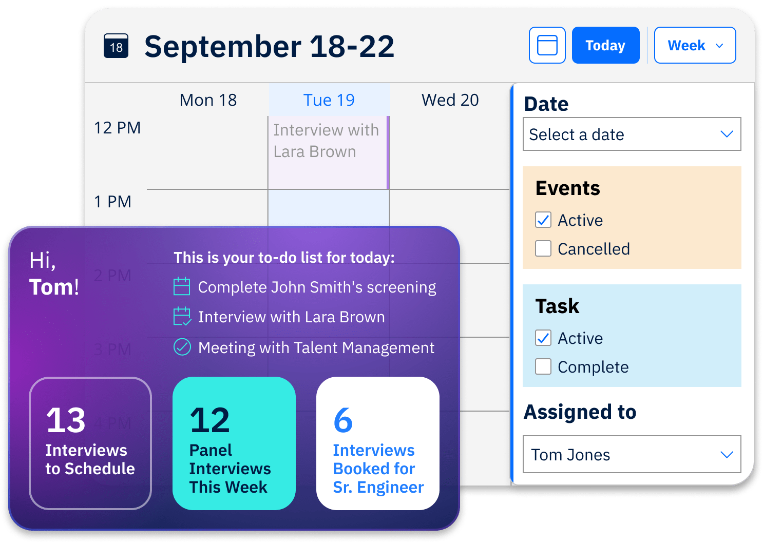 Two images showing a series of dashlets with at-a-glance information and a calendar at the back