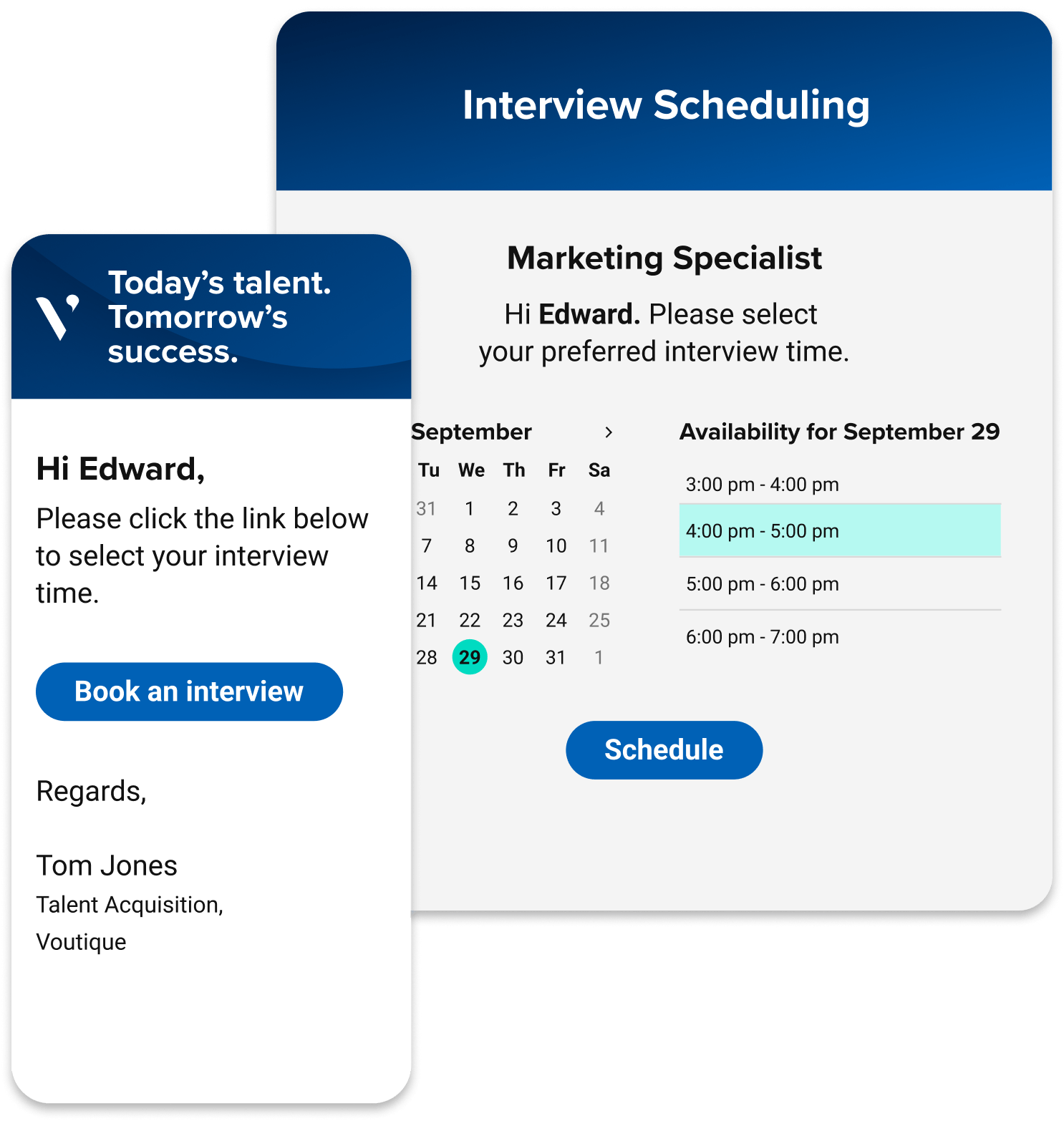 Combined image showing a phone displaying an email invitation to select interview time and calendar with open slots in the background