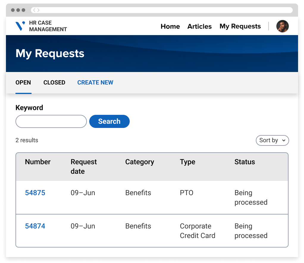 A portal showing a list of requests created by a user with details such as request number, creation date, request type and status.