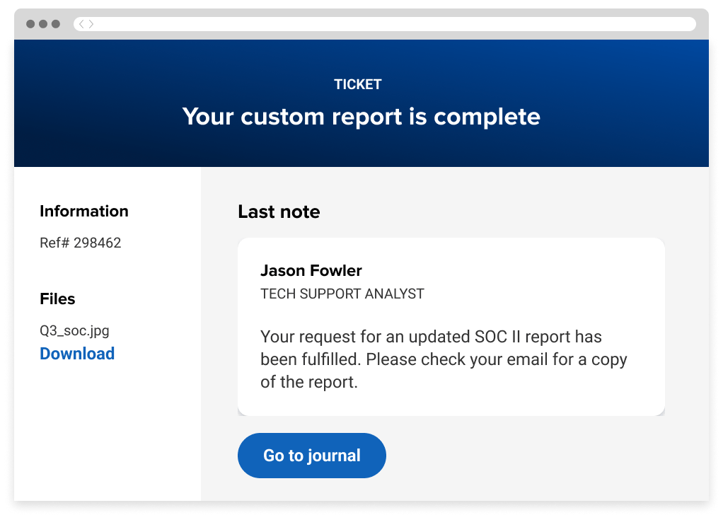 A note from a support ticket notifying that the report requested by the user has been sent to their email.