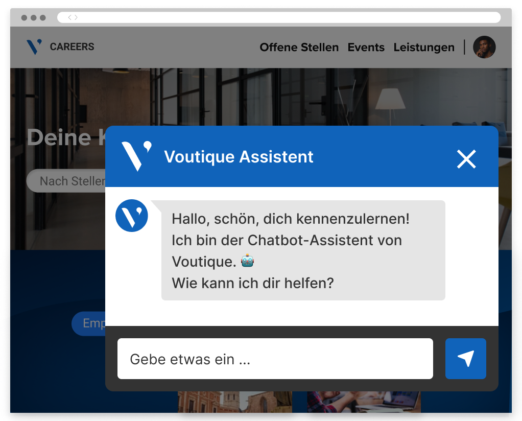 Eine Chatbot-Oberfläche, auf der der Benutzer begrüßt wird, während im Hintergrund eine Karriereseite angezeigt wird.