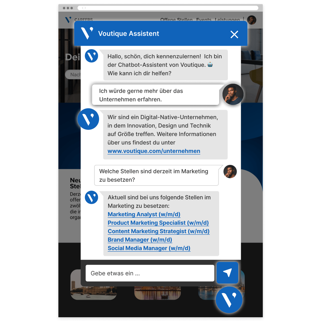 Eine Chatbot-Oberfläche, die gebrandete Design-Elemente anzeigt.