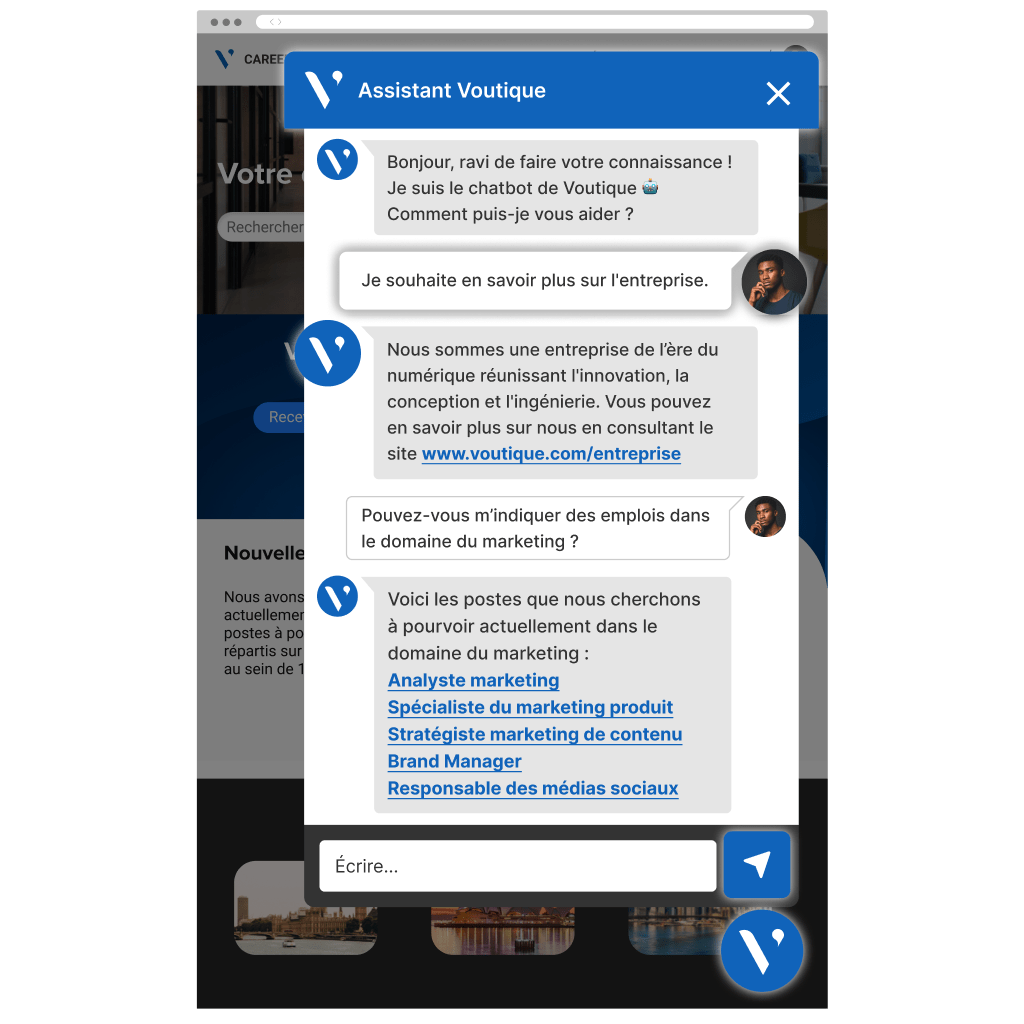 Une interface de chatbot affichant des éléments de conception à l’image de la marque.