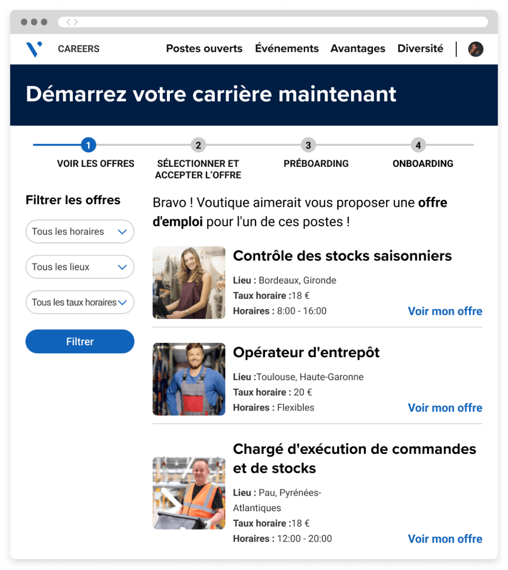Capture d'écran d'un site carrière où les candidats peuvent consulter et comparer des offres d'emploi pour des postes de contrôle des stocks, d'opérateur d'entrepôt et de chargé de stocks.