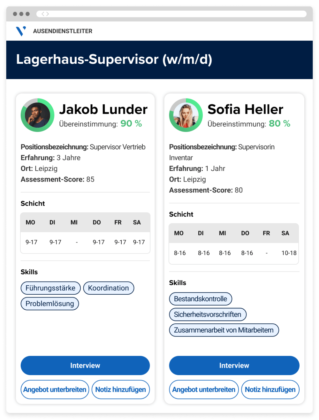 Bildschirm, auf dem verschiedene Kandidaten verglichen werden. Eine Matching-Punktzahl zeigt an, inwiefern die Kandidaten auf Grundlage ihrer Skills und Verfügbarkeit für die Rolle geeignet sind
