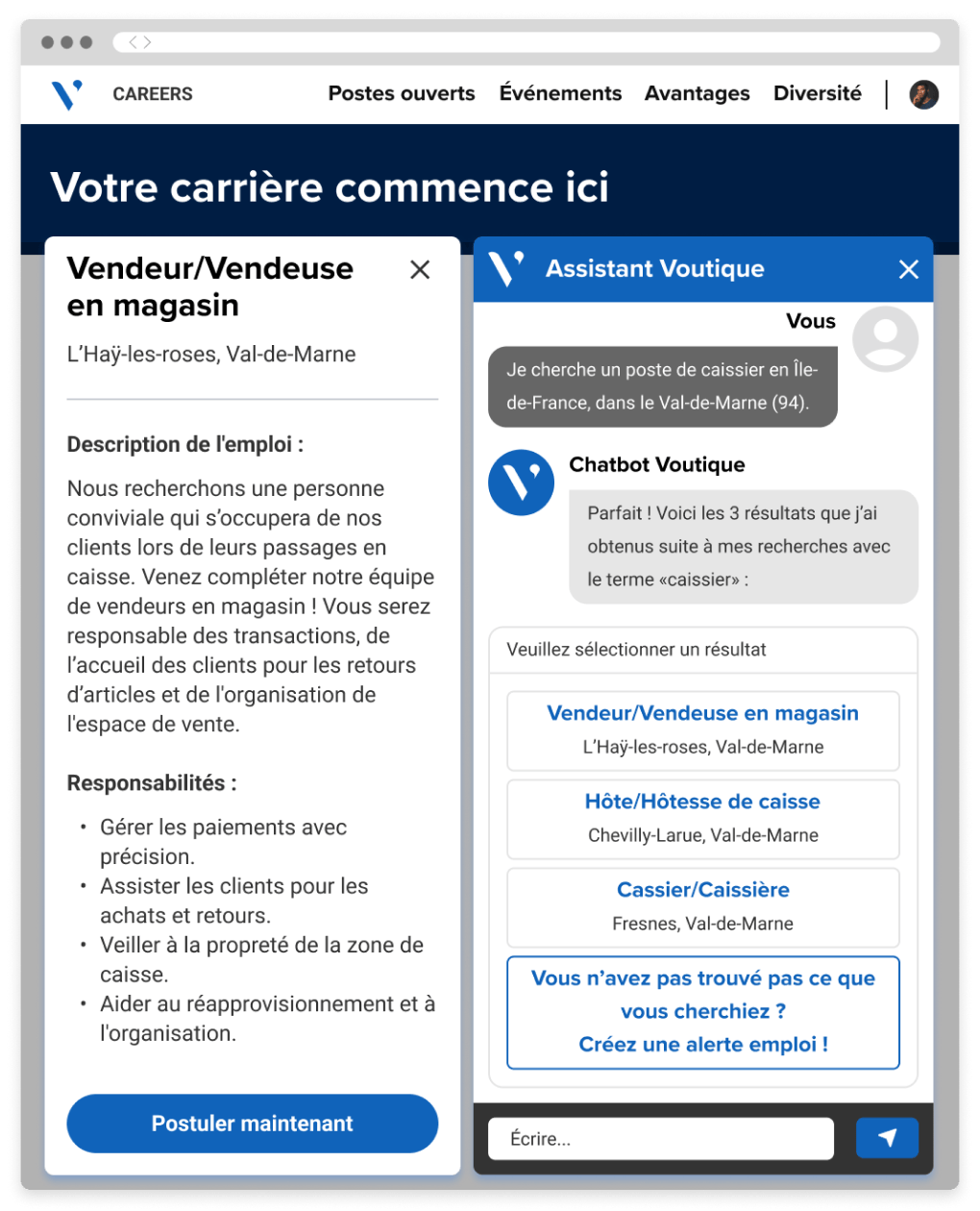 Bildschirm einer Karriereseite mit einem KI-Chatbot-Dialog, bei dem der Chatbot potenziell infrage kommende offene Stellen anzeigt