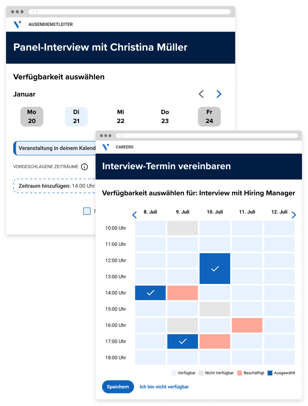 Screenshot der automatischen Terminkoordination von Vorstellungsgesprächen, bei der Kandidaten eine Auswahl an Terminen und Zeitfenstern angeboten wird.